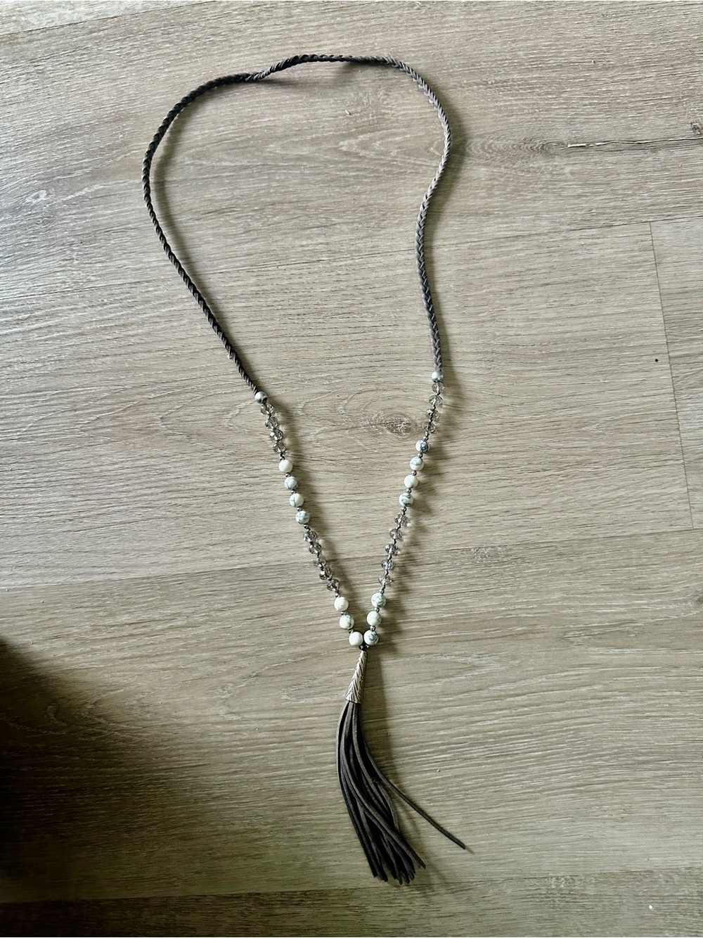 Source Unknown White Bead and Gray Tassel Necklace